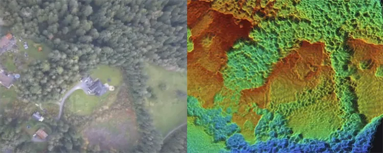 Nadir RGB view of forest terrain beside its colour-mapped depth output
