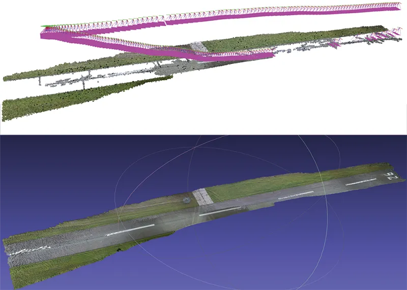 3D terrain reconstruction of an airstrip with the camera positions of the nadir mapping pass shown above it