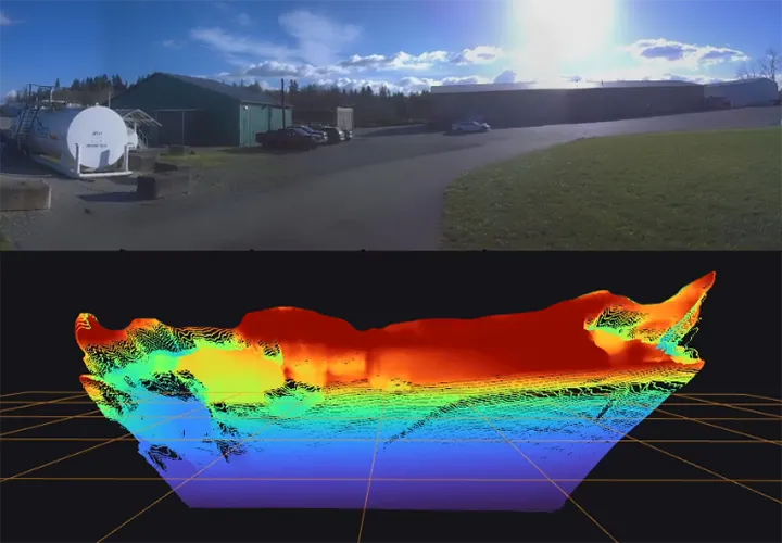 RGB camera frame above a colour-mapped depth point cloud generated from the same scene